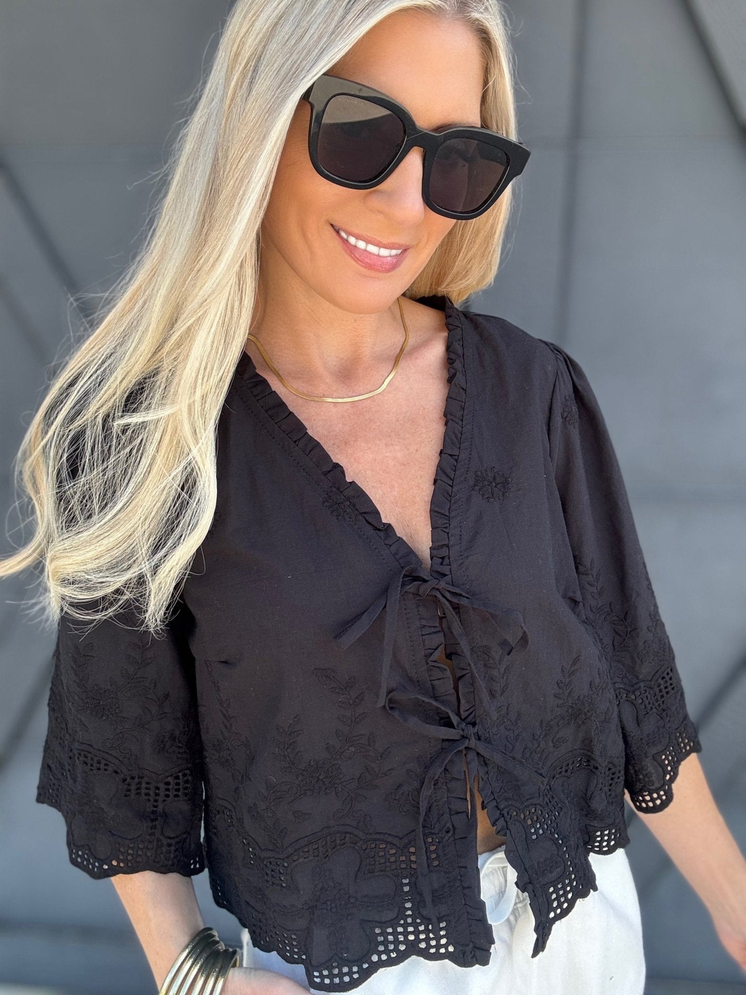 Floral Embroidery Tie Front Blouse In Black - Infinity Raine