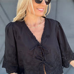 Floral Embroidery Tie Front Blouse In Black - Infinity Raine