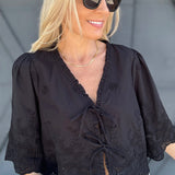 Floral Embroidery Tie Front Blouse In Black - Infinity Raine