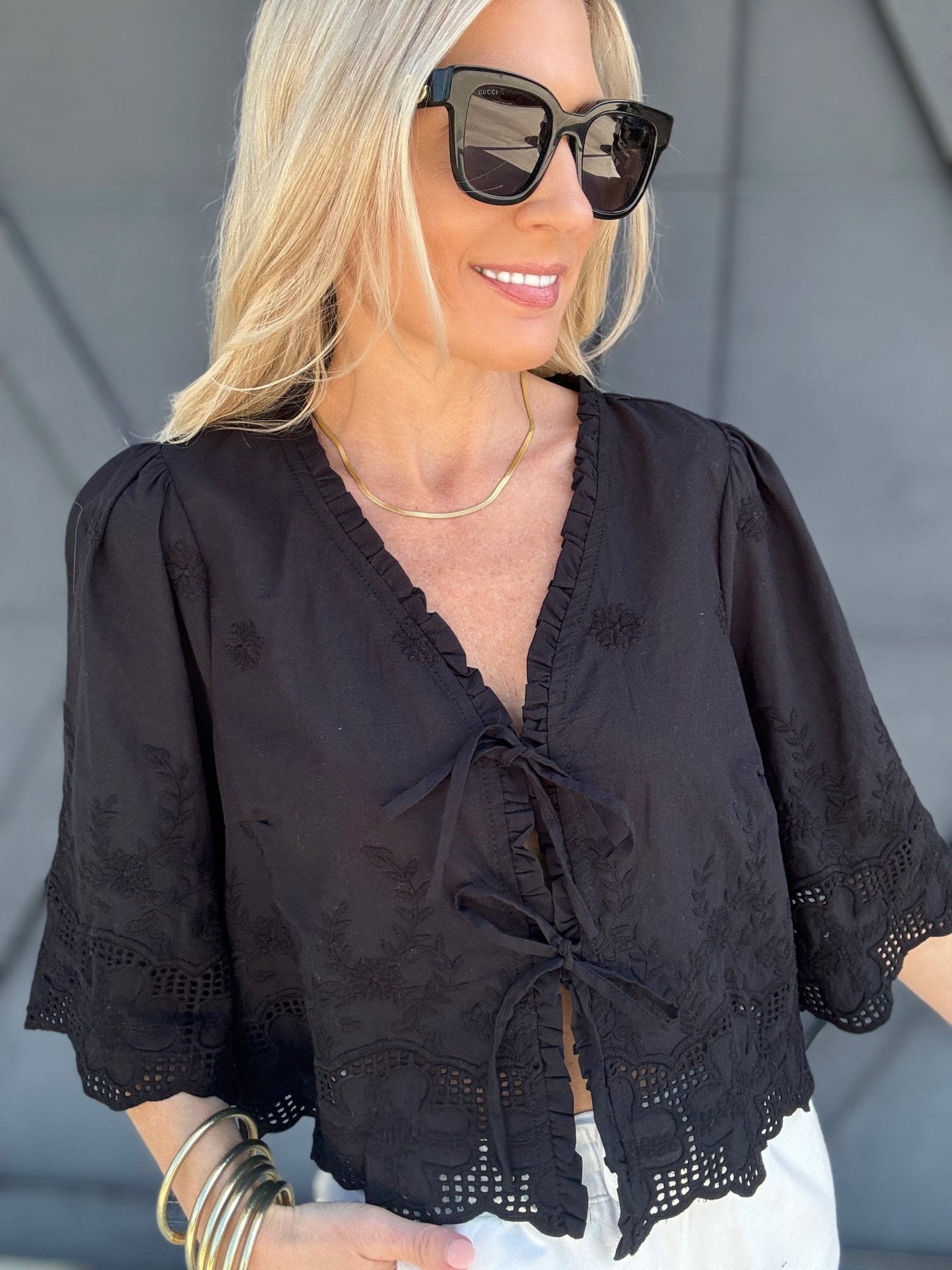 Floral Embroidery Tie Front Blouse In Black - Infinity Raine