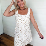 Floral Front Seam Sleeveless Denim Mini Dress In Oatmeal - Infinity Raine
