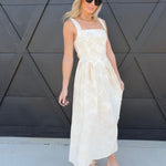 Floral Jacquard Pattern Sleeveless Midi Dress In Natural - Infinity Raine