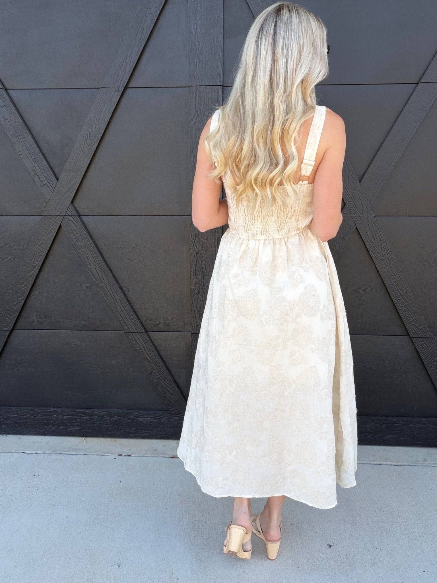 Floral Jacquard Pattern Sleeveless Midi Dress In Natural - Infinity Raine