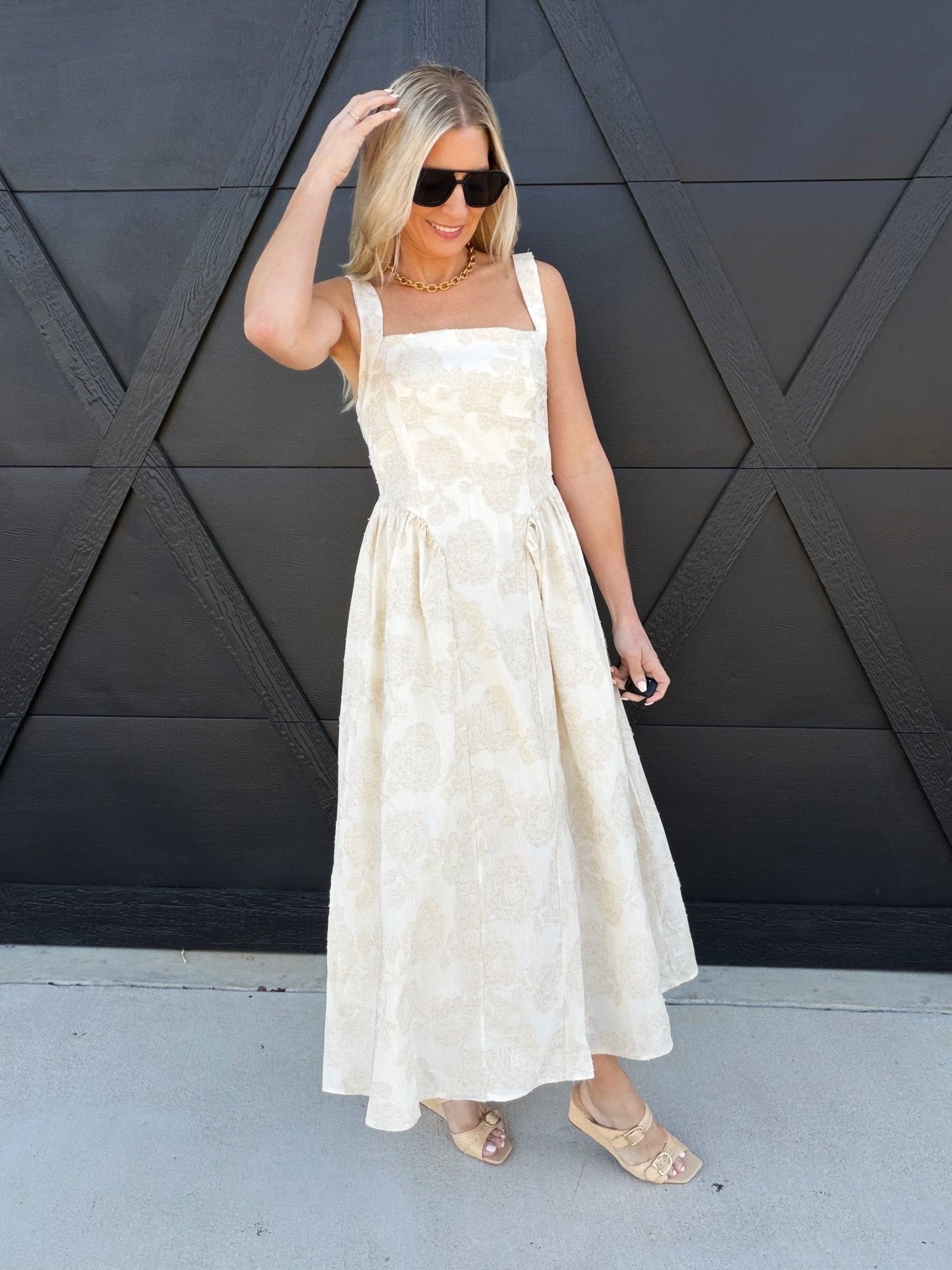 Floral Jacquard Pattern Sleeveless Midi Dress In Natural - Infinity Raine