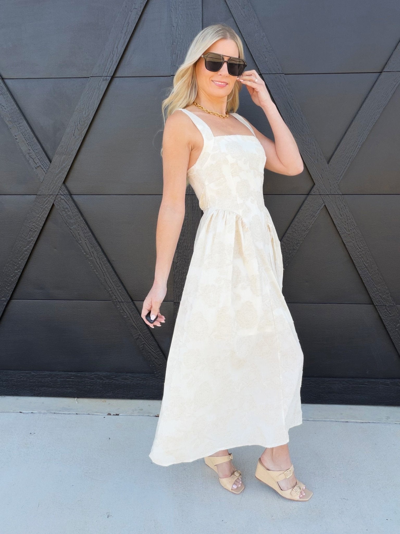 Floral Jacquard Pattern Sleeveless Midi Dress In Natural - Infinity Raine