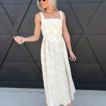 Floral Jacquard Pattern Sleeveless Midi Dress In Natural - Infinity Raine