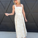 Floral Jacquard Pattern Sleeveless Midi Dress In Natural - Infinity Raine