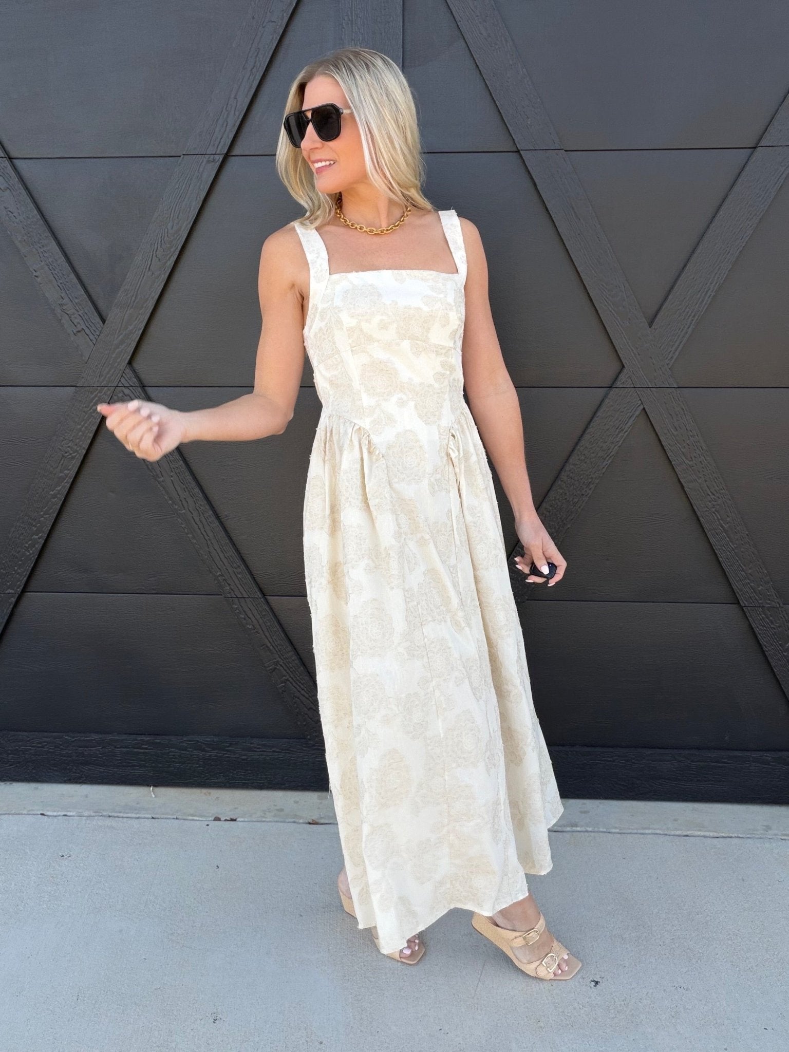 Floral Jacquard Pattern Sleeveless Midi Dress In Natural - Infinity Raine