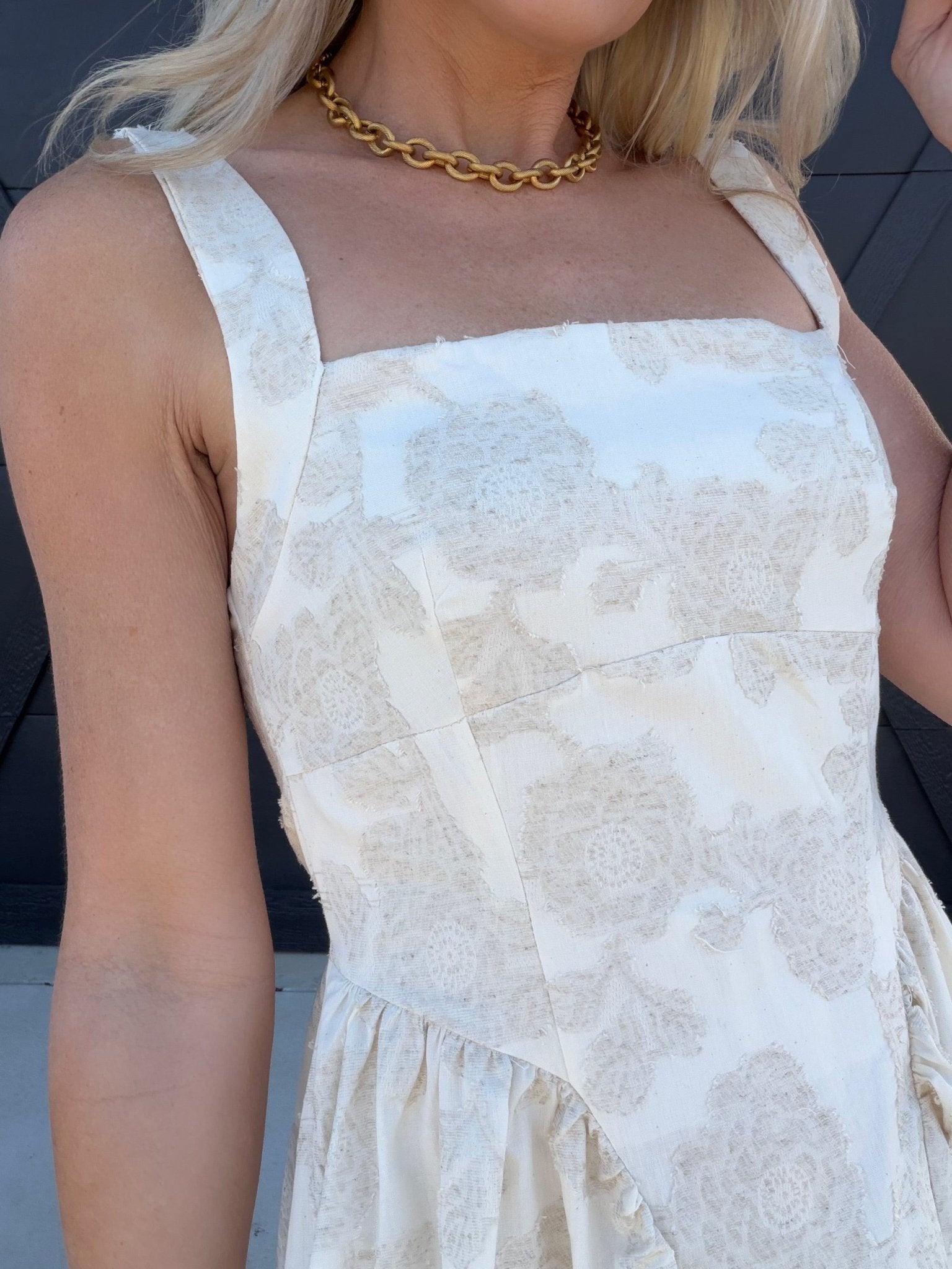 Floral Jacquard Pattern Sleeveless Midi Dress In Natural - Infinity Raine