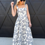 Floral Jacquard Pattern Sleeveless Midi Dress In Navy - Infinity Raine