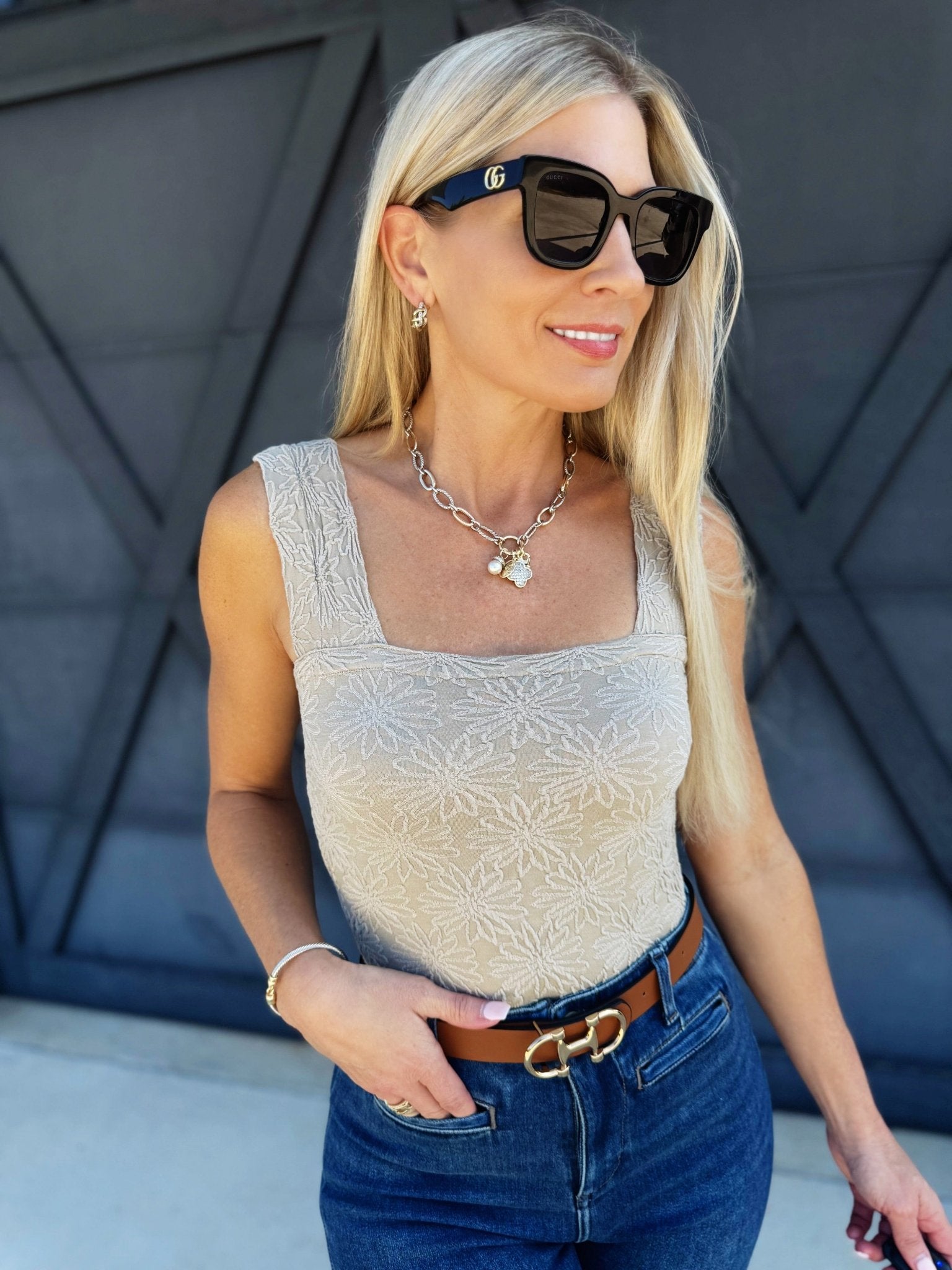 Floral Jacquard Square Tank In Oatmeal - Infinity Raine