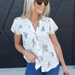 Floral Line Split Neck Button Down Top In Natural - Infinity Raine