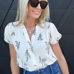 Floral Line Split Neck Button Down Top In Natural - Infinity Raine