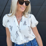 Floral Line Split Neck Button Down Top In Natural - Infinity Raine