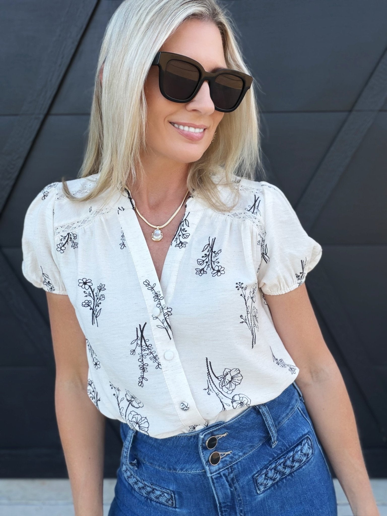 Floral Line Split Neck Button Down Top In Natural - Infinity Raine