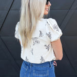 Floral Line Split Neck Button Down Top In Natural - Infinity Raine