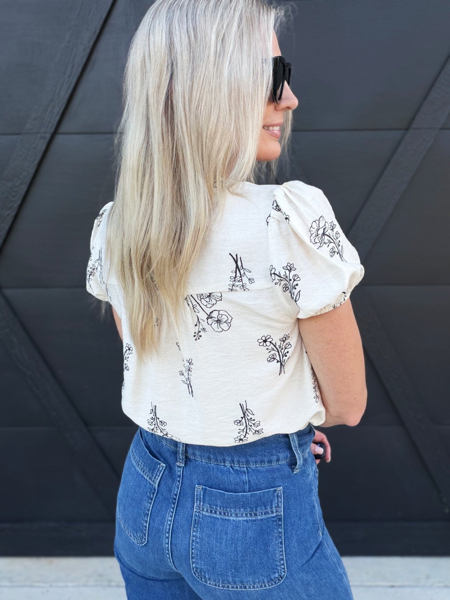 Floral Line Split Neck Button Down Top In Natural - Infinity Raine