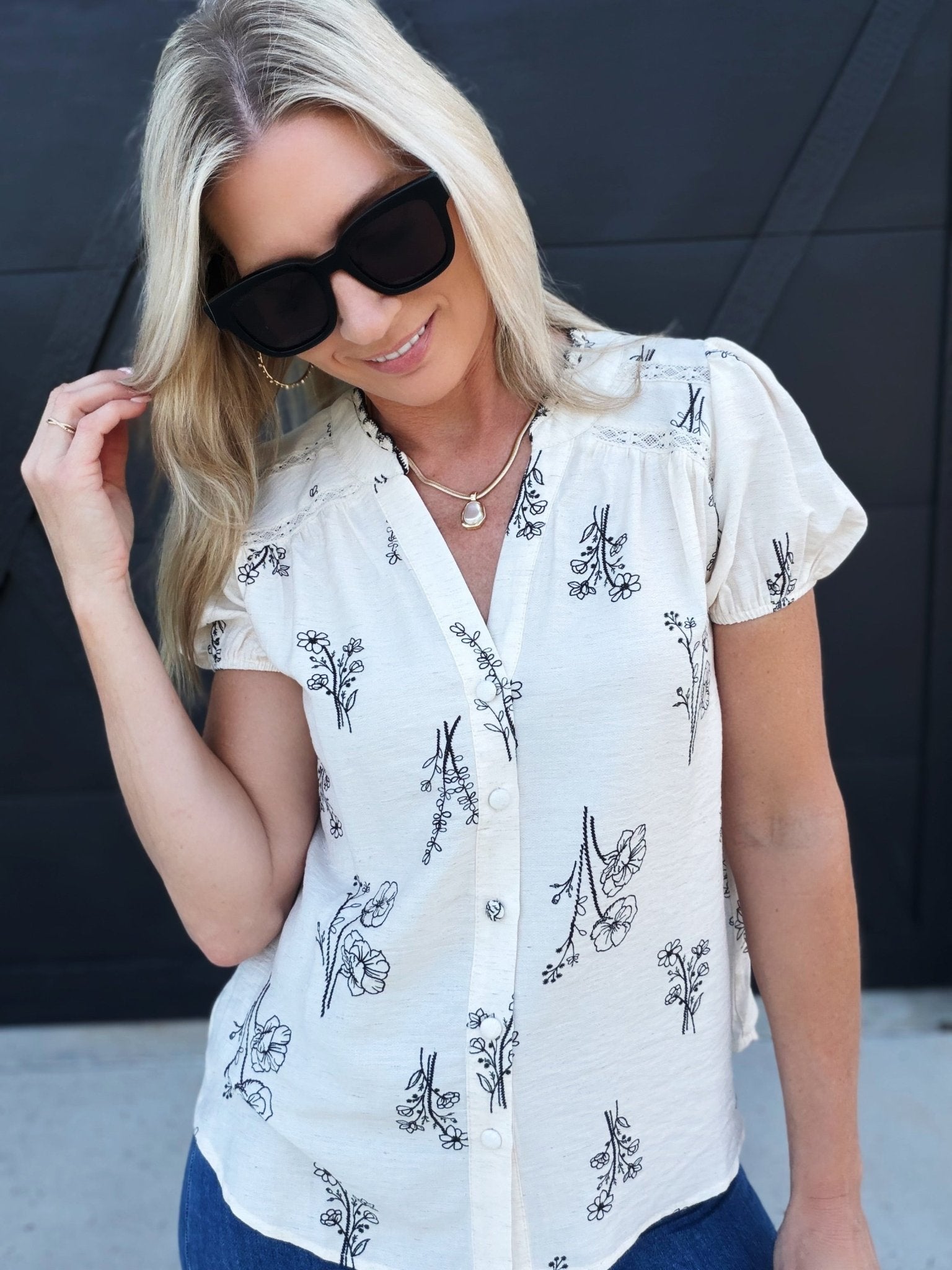 Floral Line Split Neck Button Down Top In Natural - Infinity Raine