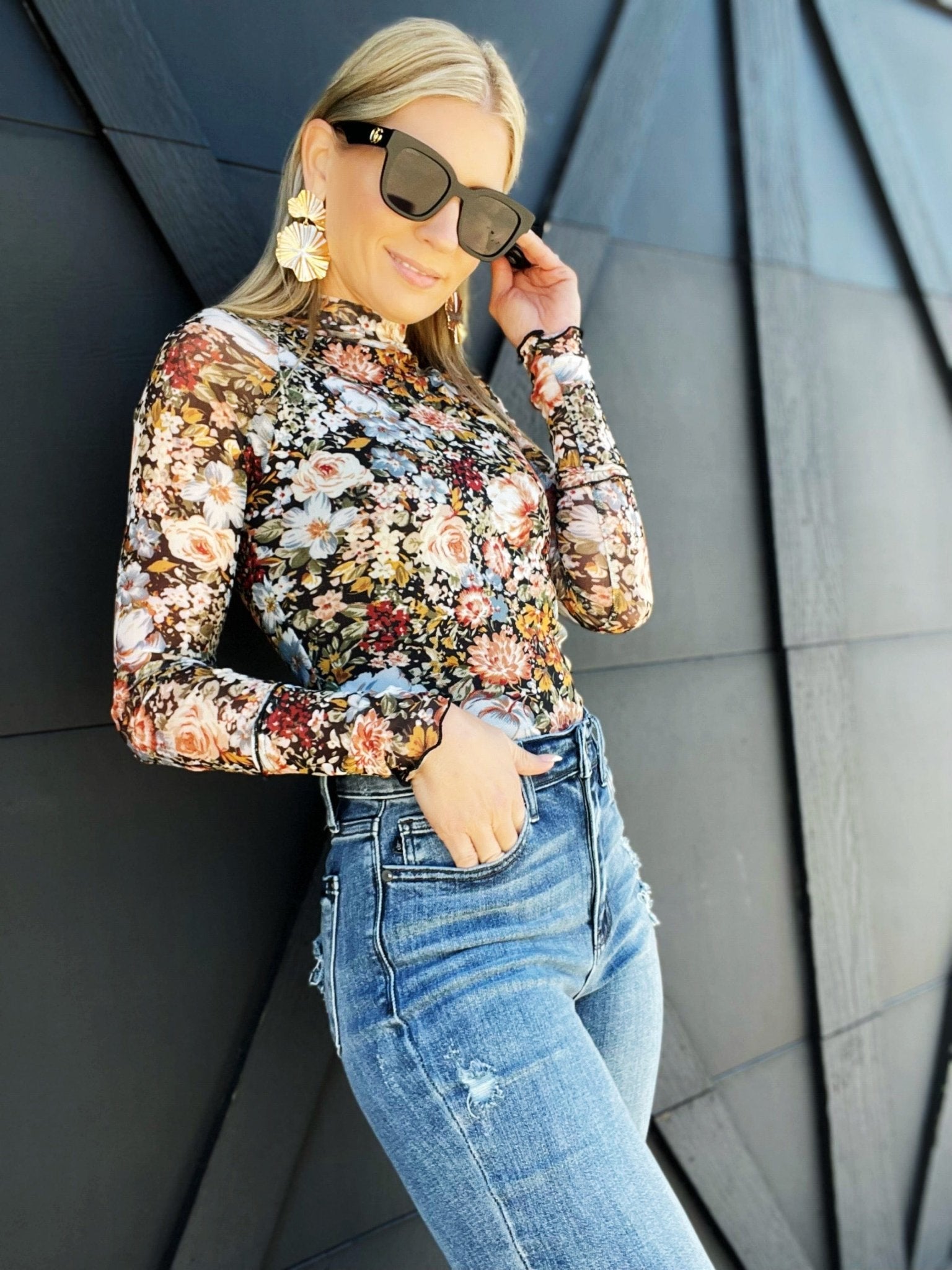 Floral Lined Mesh Long Sleeve Top In Black - Infinity Raine