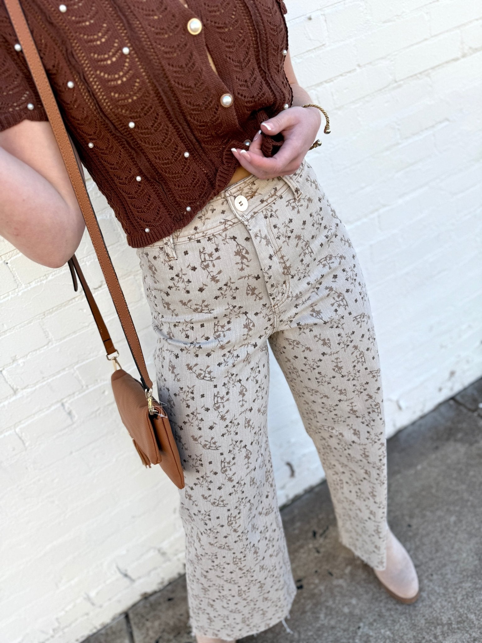 Floral Print Cropped Pants In Stone Brown - Infinity Raine