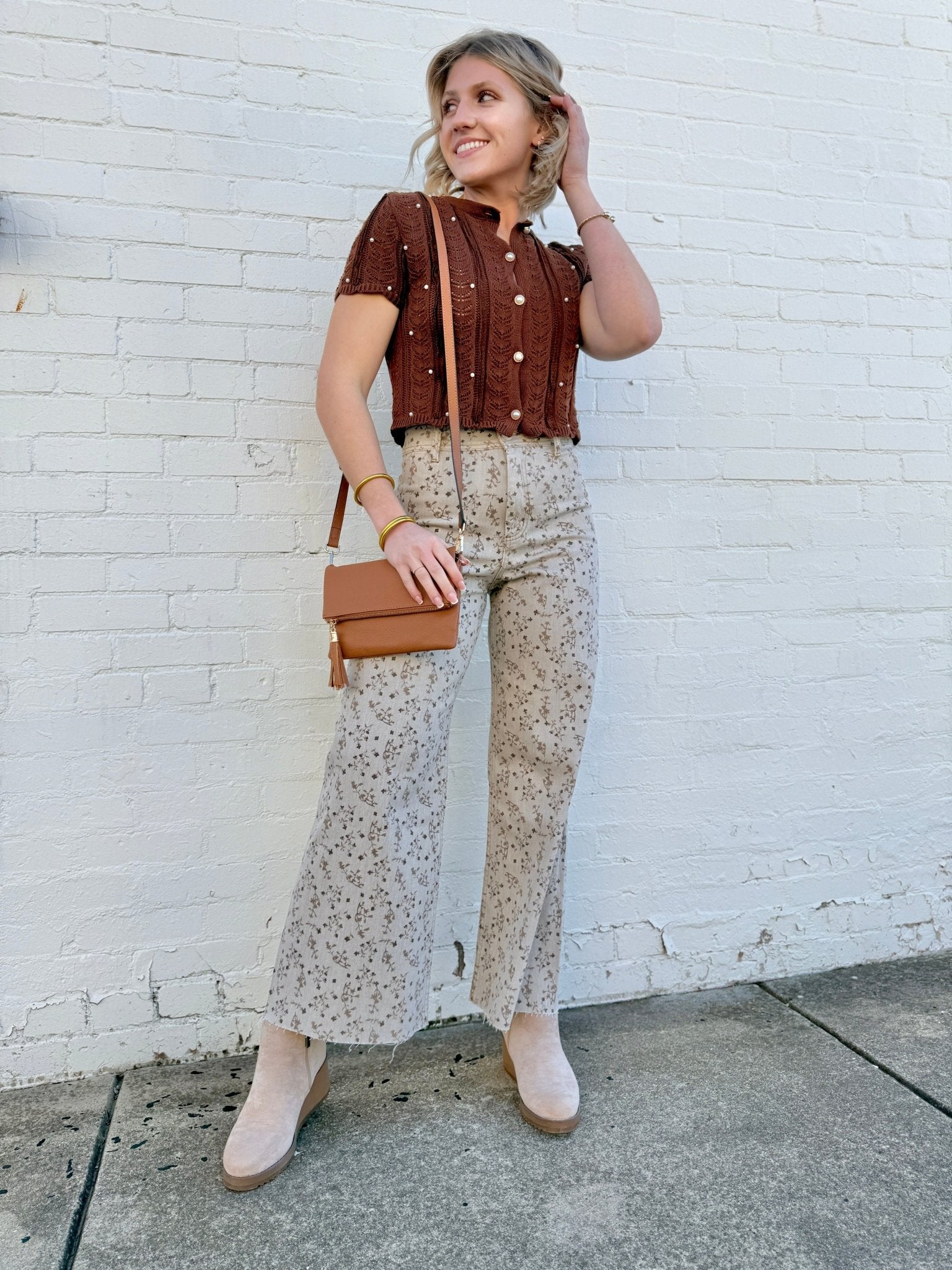 Floral Print Cropped Pants In Stone Brown - Infinity Raine