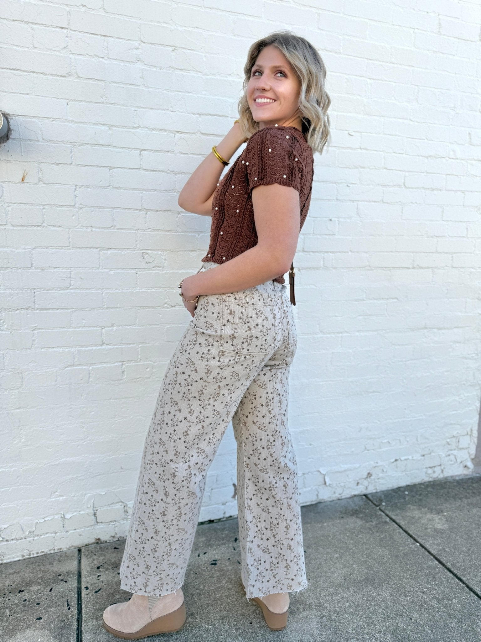 Floral Print Cropped Pants In Stone Brown - Infinity Raine