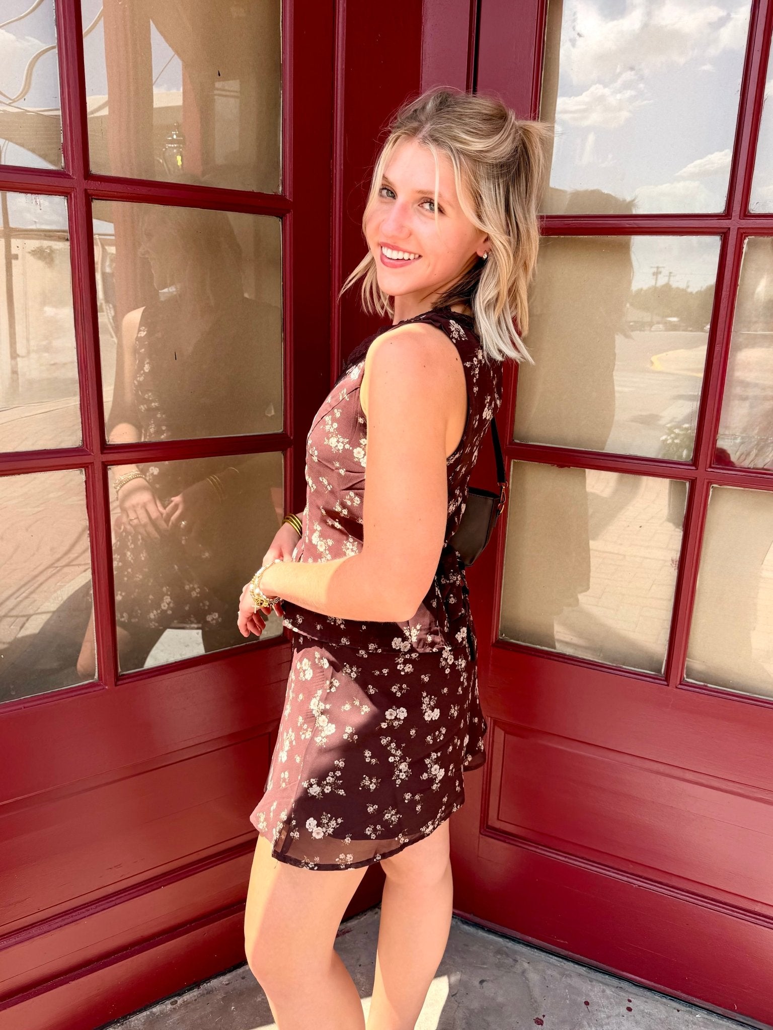 Floral Lace Trim Button Down Sleeveless Blouse In Brown - Infinity Raine