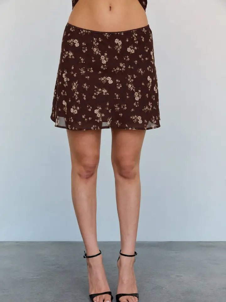 Floral Print Elastic Lace Trim Mini Skirt In Brown - Infinity Raine