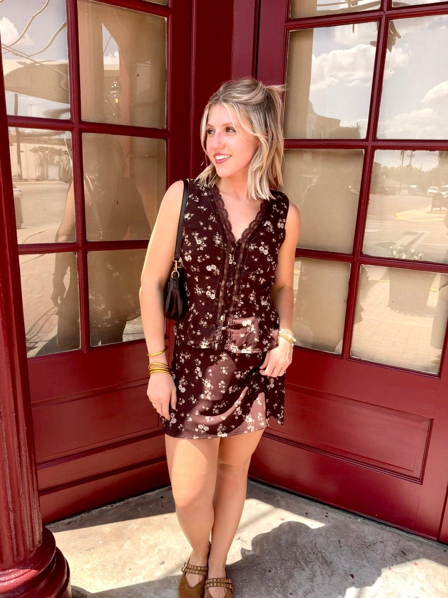 Floral Lace Trim Button Down Sleeveless Blouse In Brown - Infinity Raine