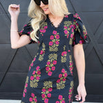 Floral Print Lace V-Neck Trim Mini Dress In Black - Infinity Raine