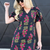 Floral Print Lace V-Neck Trim Mini Dress In Black - Infinity Raine