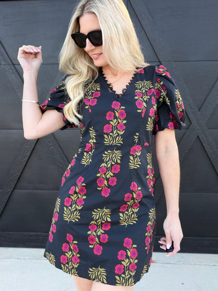 Floral Print Lace V-Neck Trim Mini Dress In Black, L