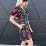 Floral Print Lace V-Neck Trim Mini Dress In Black - Infinity Raine