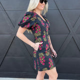 Floral Print Lace V-Neck Trim Mini Dress In Black - Infinity Raine