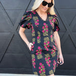 Floral Print Lace V-Neck Trim Mini Dress In Black - Infinity Raine