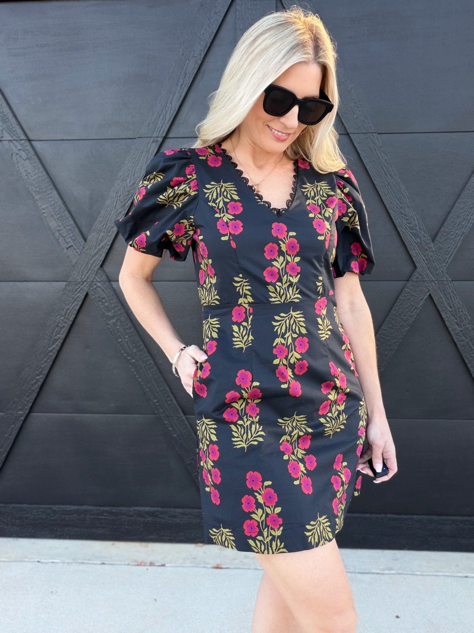 Floral Print Lace V-Neck Trim Mini Dress In Black - Infinity Raine