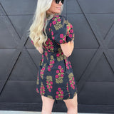Floral Print Lace V-Neck Trim Mini Dress In Black - Infinity Raine