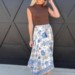 Floral Print Midi Skirt In Blue - Infinity Raine
