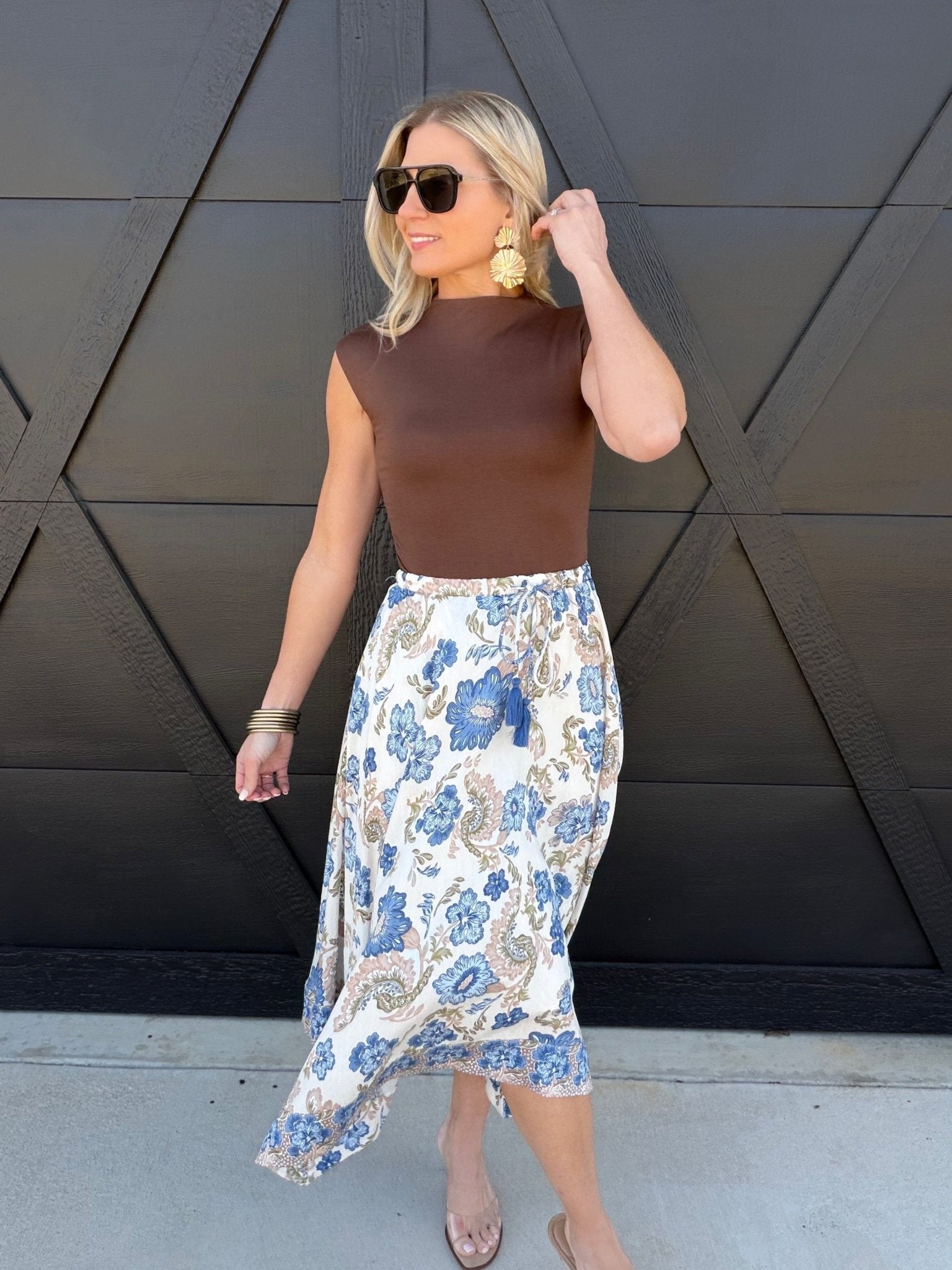 Floral Print Midi Skirt In Blue - Infinity Raine