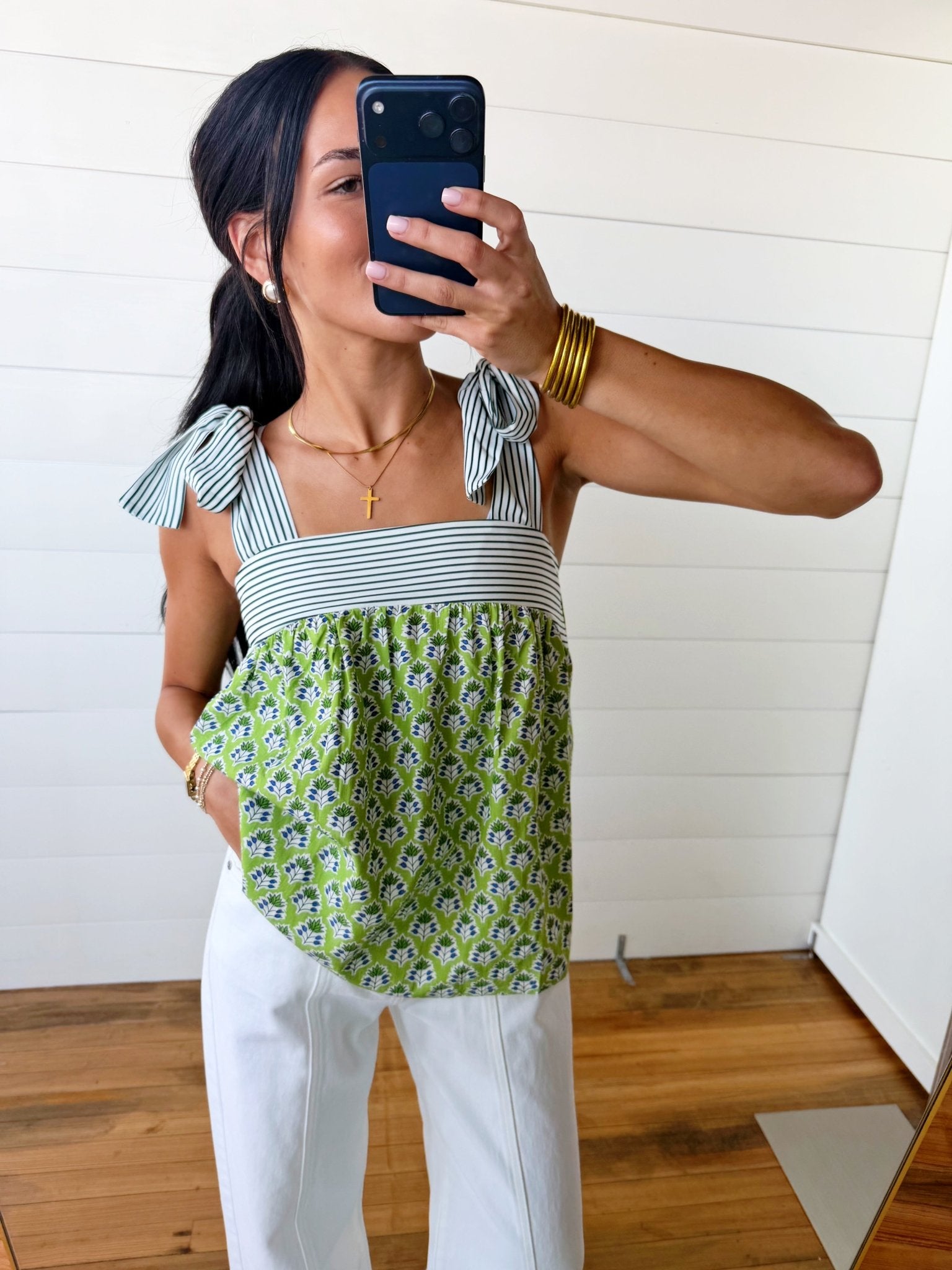 Floral Printed Knot Straps Babydoll Tank Top In Green - Infinity Raine