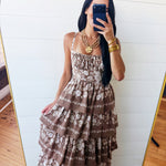 Floral Tiered Midi Dress In Latte Brown - Infinity Raine