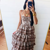 Floral Tiered Midi Dress In Latte Brown - Infinity Raine