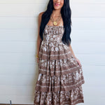 Floral Tiered Midi Dress In Latte Brown - Infinity Raine
