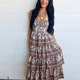 Floral Tiered Midi Dress In Latte Brown - Infinity Raine