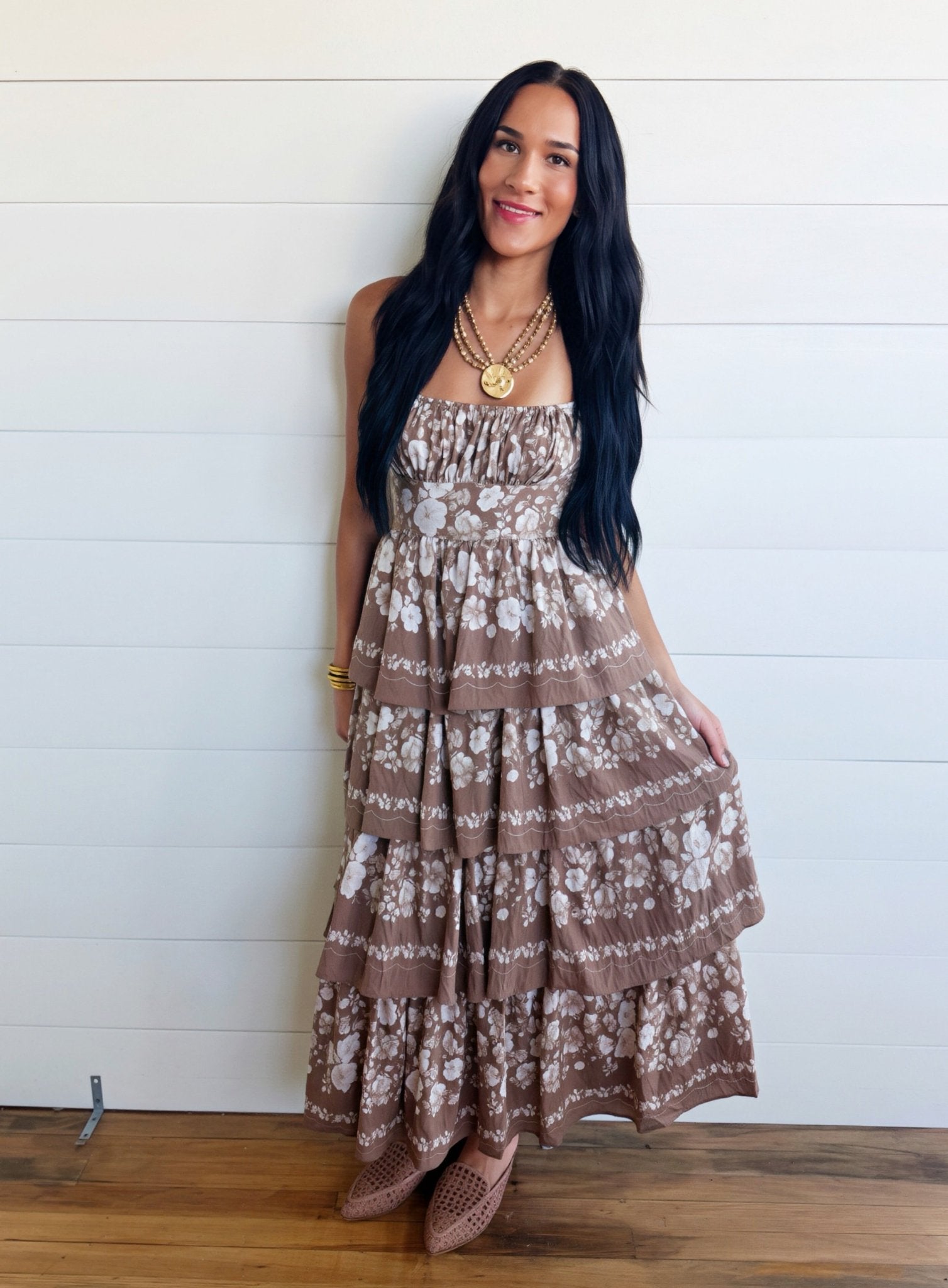 Floral Tiered Midi Dress In Latte Brown L