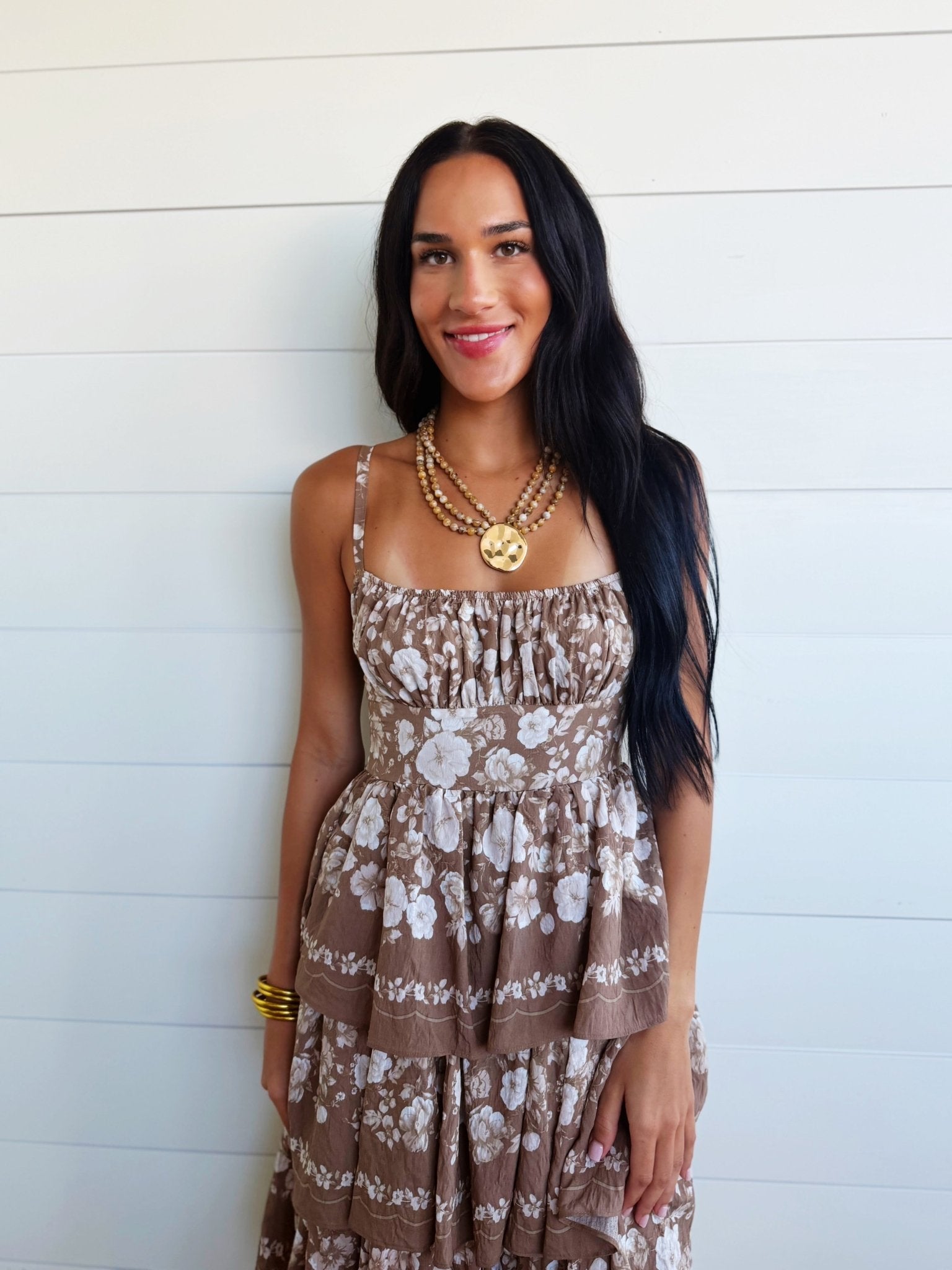 Floral Tiered Midi Dress In Latte Brown – Infinity Raine