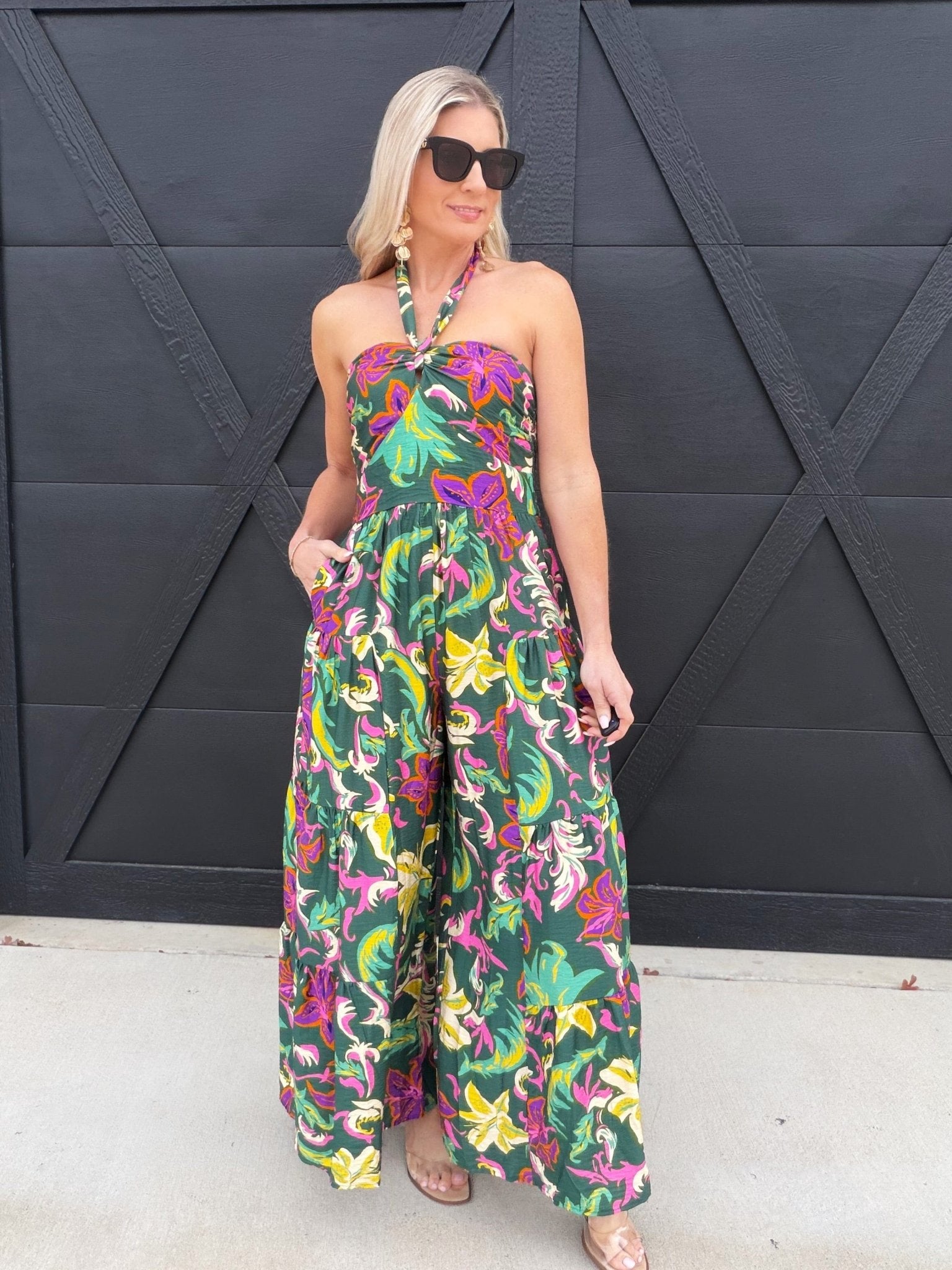 Floral Wide Leg Halter Jumpsuit In Emerald – Infinity Raine