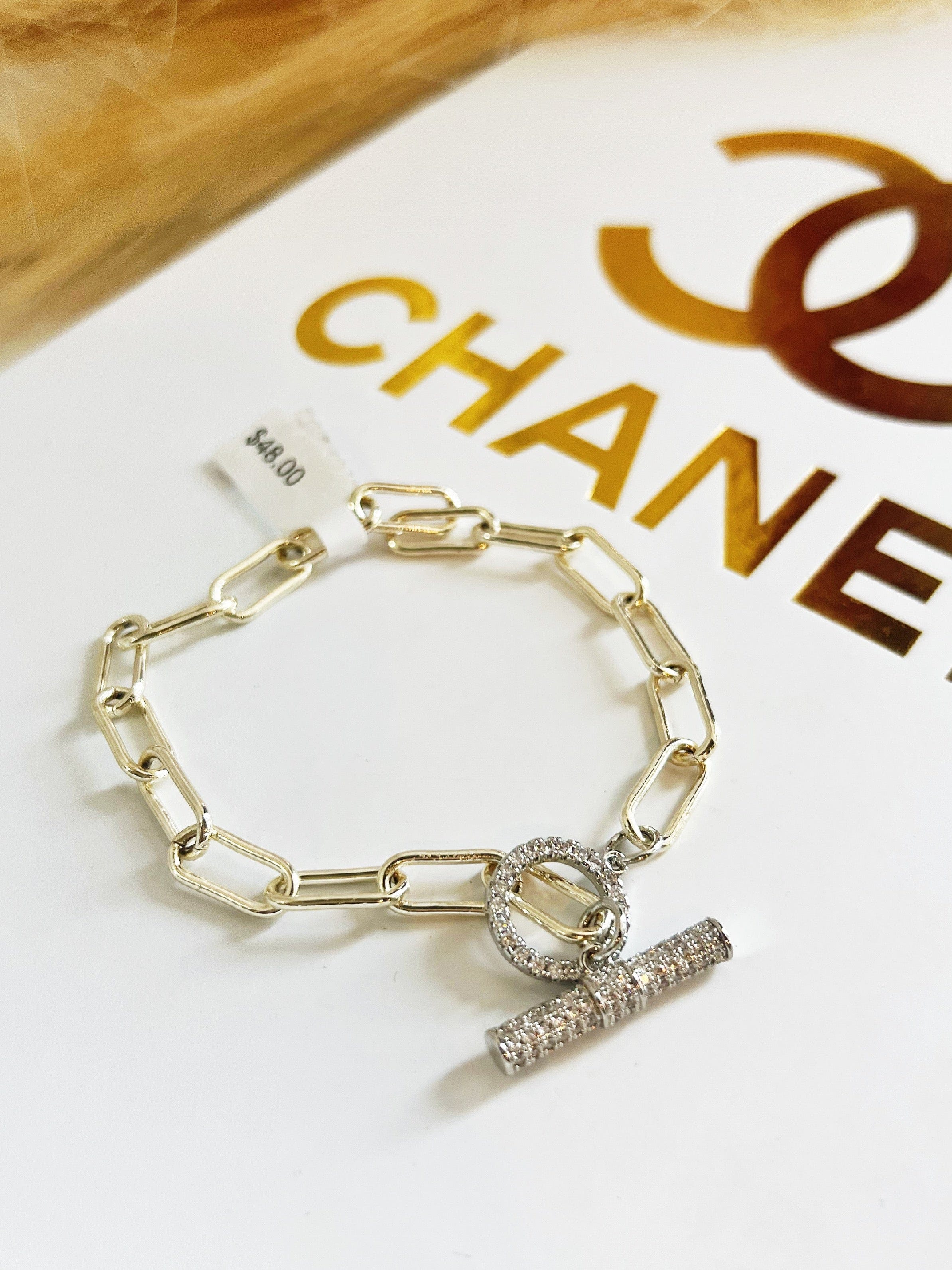 CZ Round Pendant Chain Link Bracelet-Gold - Infinity Raine