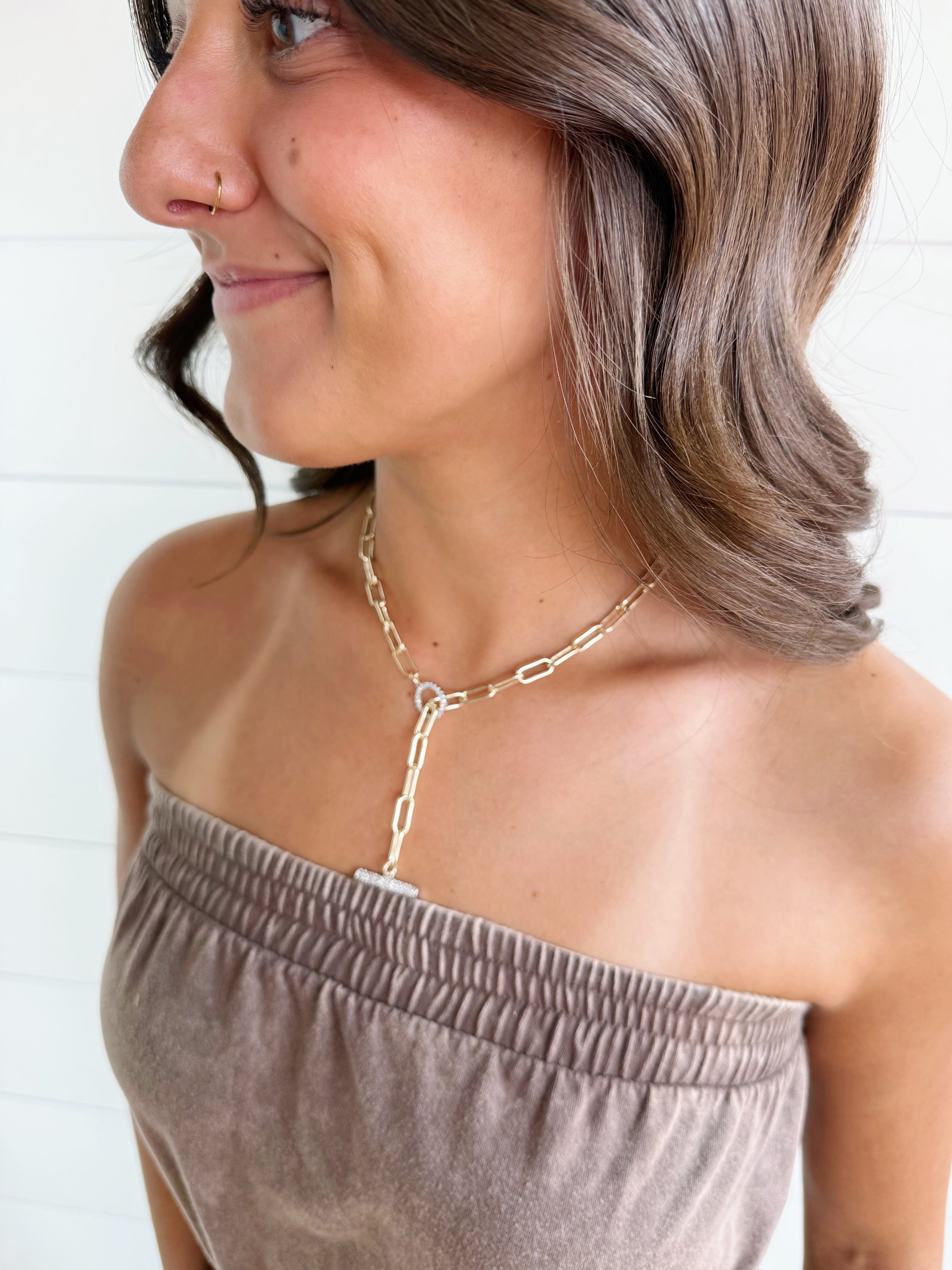 Fossick Imports Jewelry - Necklaces Paper Clip Pave Toggle Gold Necklace 67378422