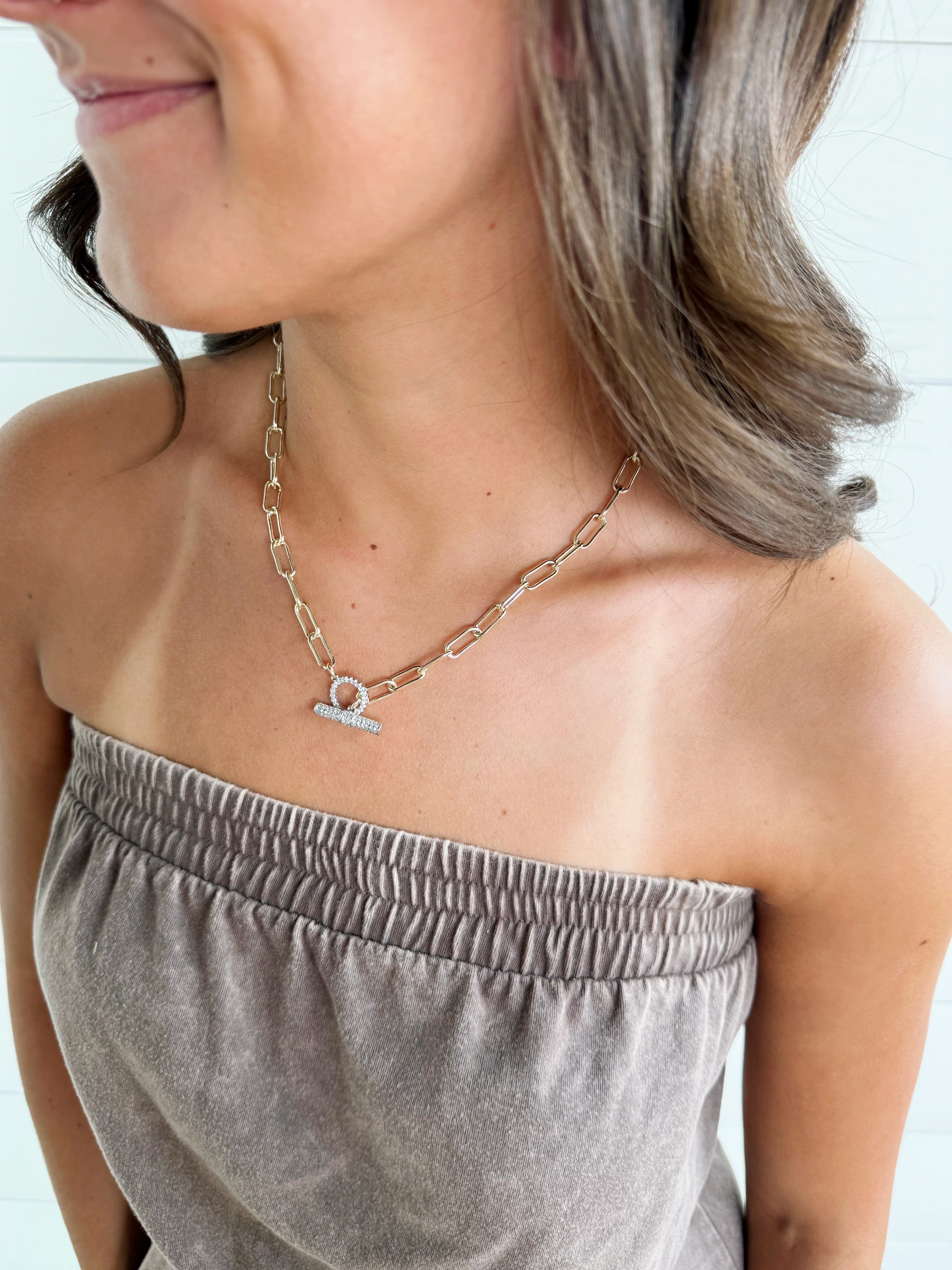 Fossick Imports Jewelry - Necklaces Paper Clip Pave Toggle Gold Necklace 67378422